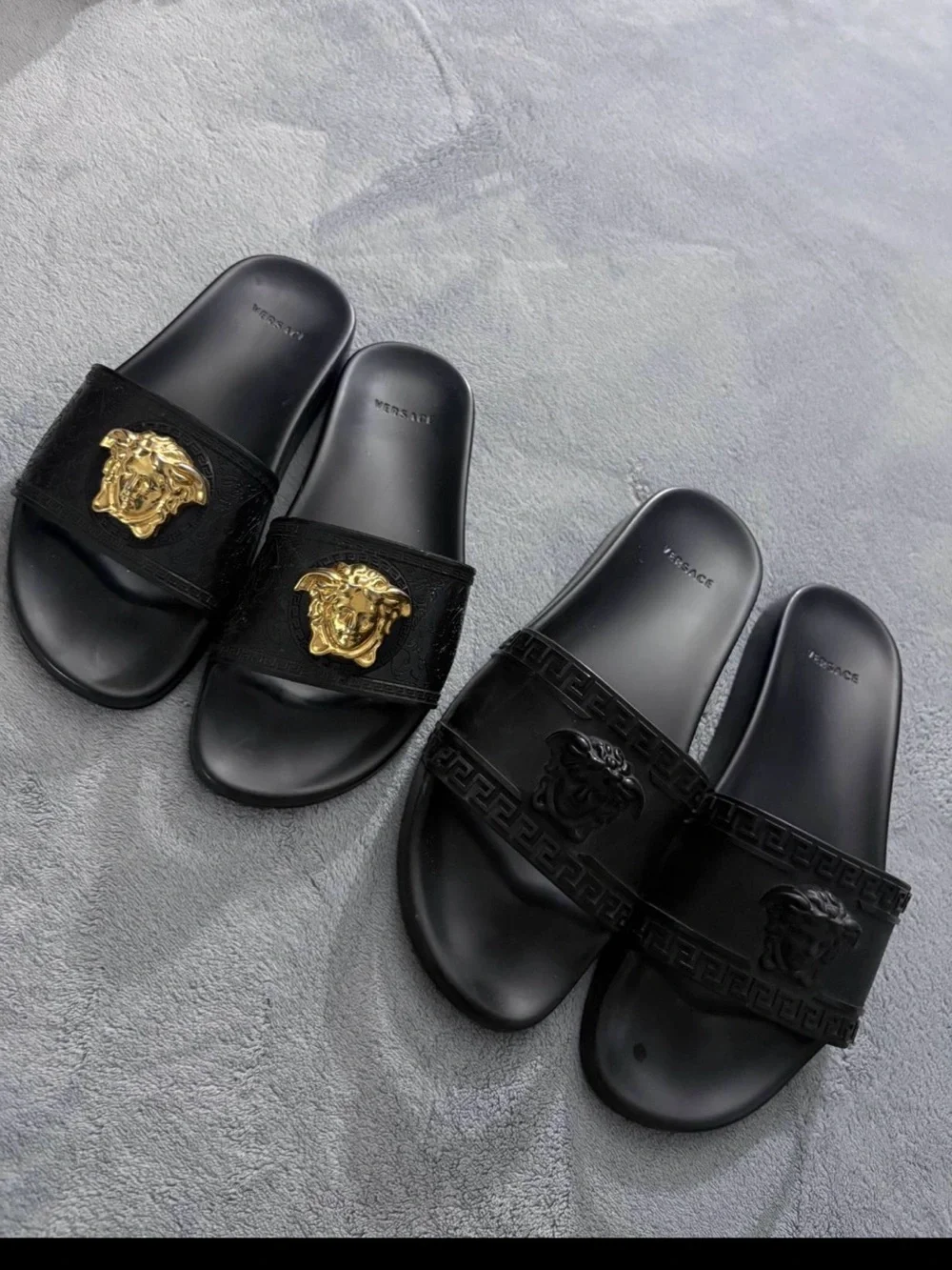 Versace Black Medusa Emblem Slide Sandals with Gold and Black Medallions
